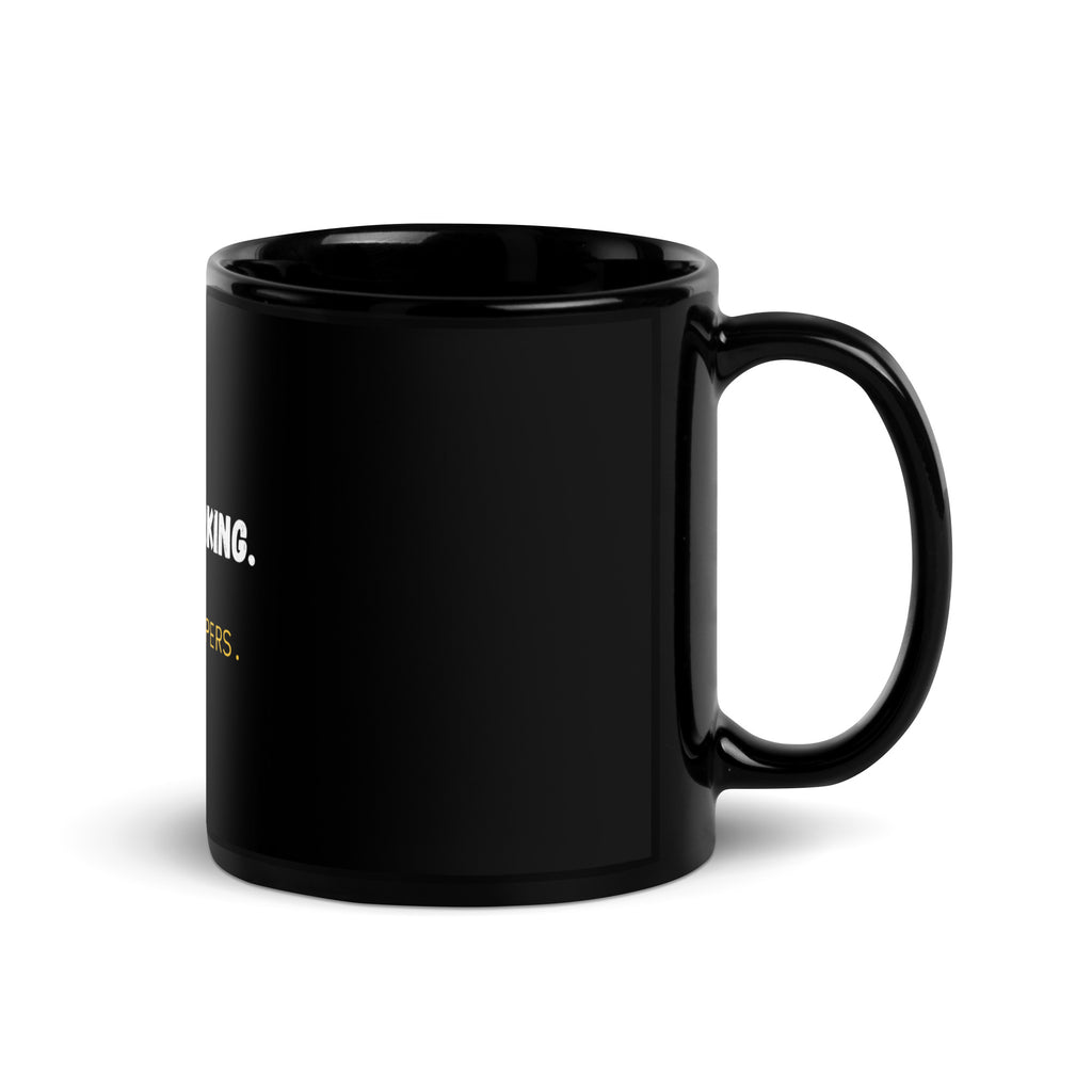 Side view of black teacher mug showing handle and Stop Barking text