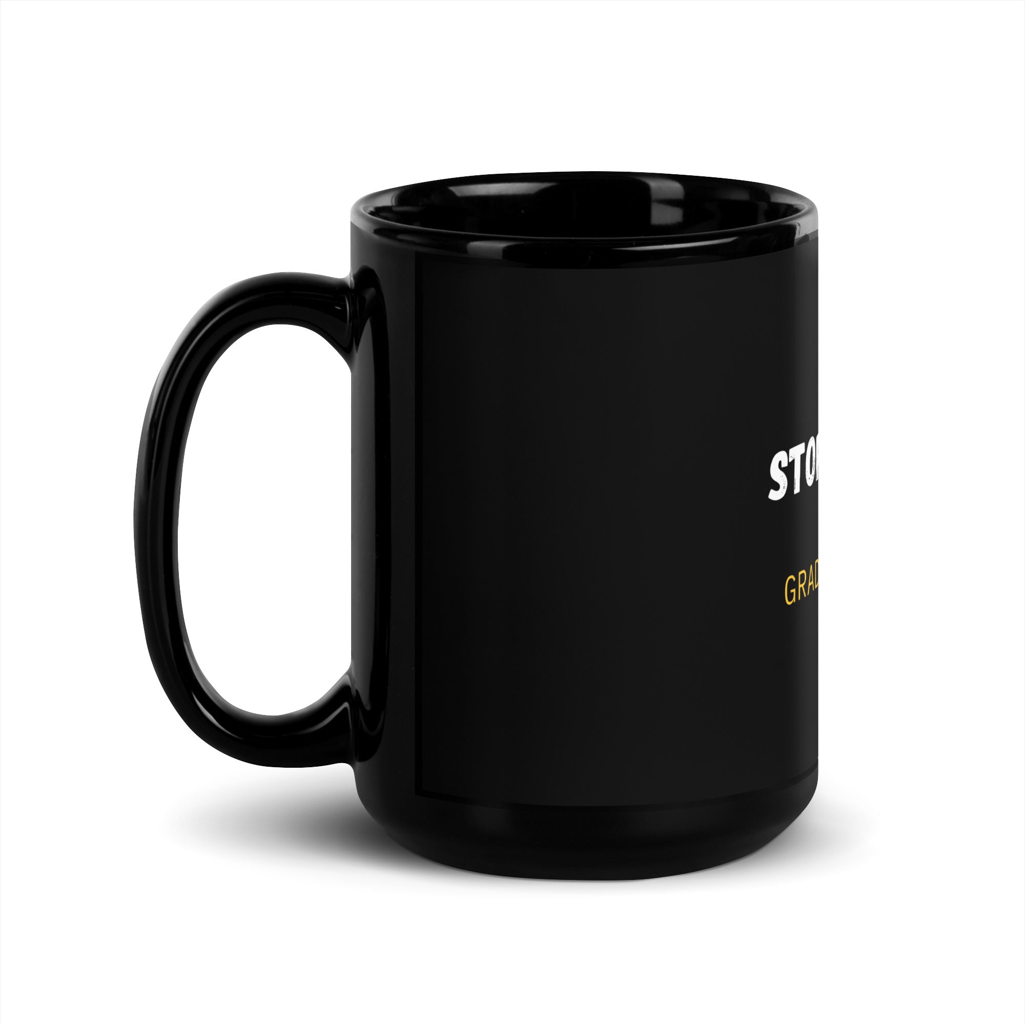 Back view of black ceramic mug showing plain back design