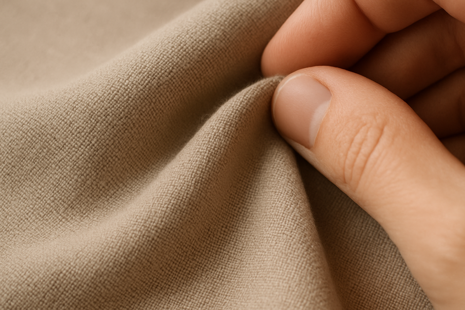 Macro shot of a high-quality, densely woven cotton fabric in a soft, muted color. Show a hand gently pinching the fabric to highlight texture and weight. Focus stacking for extreme sharpness. Kinfolk style.