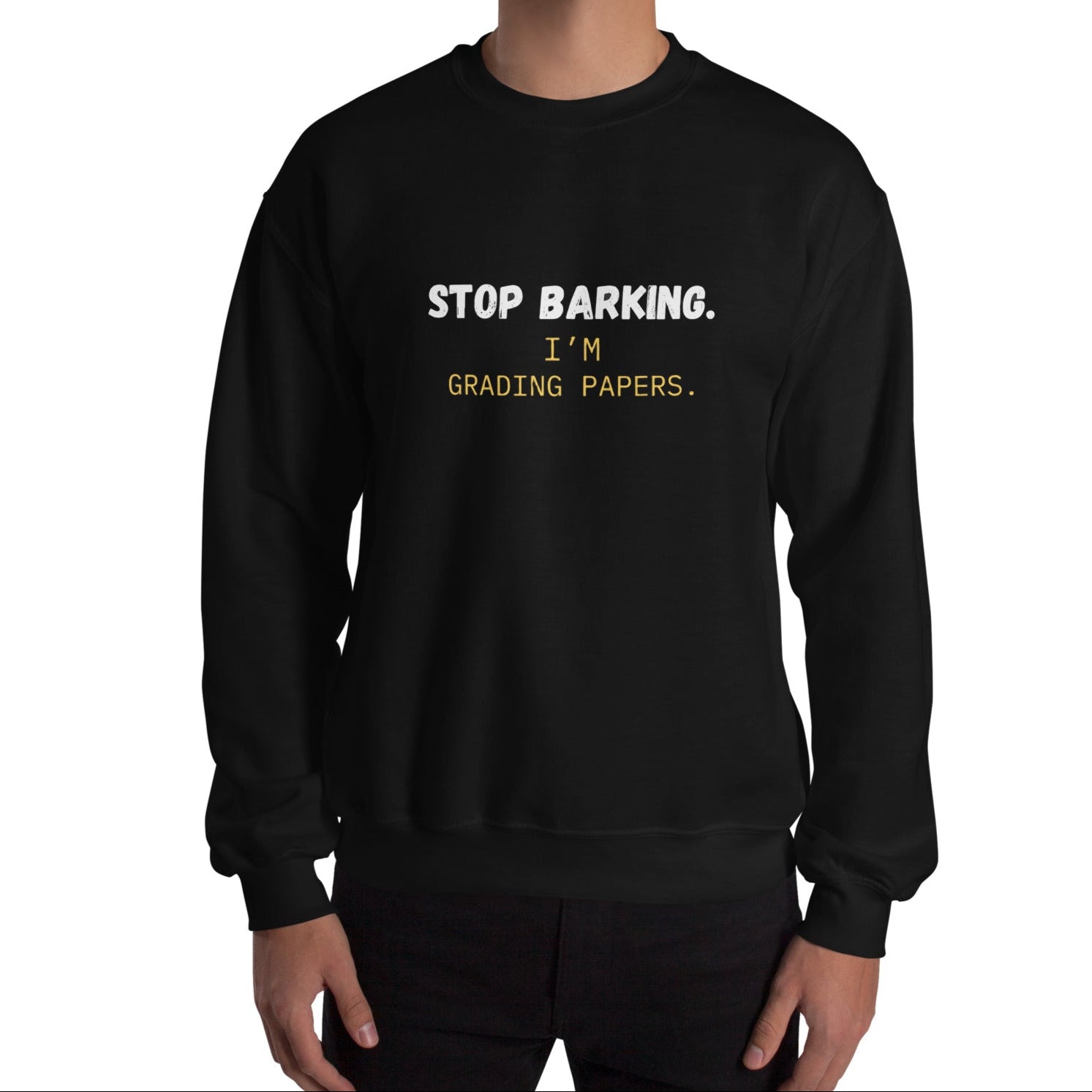 Close-up of white Stop Barking I'm Grading Papers text on navy sweatshirt chest